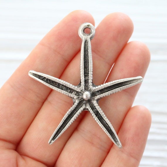 Starfish pendant, silver starfish, sea pendants, hammered pendant, silver pendants, earrings starfish charm, silver star pendant, M