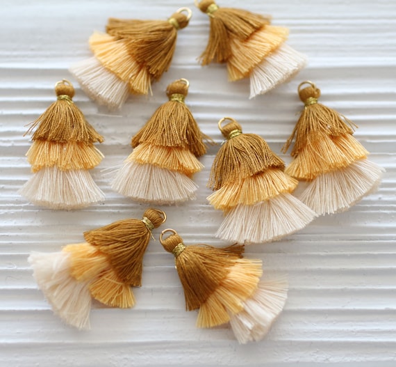 2pc layered tassels, gold ivory brown multi layer tassels, earrings tassels, home decor tassels, purse tassel charm, necklace dangle tassel