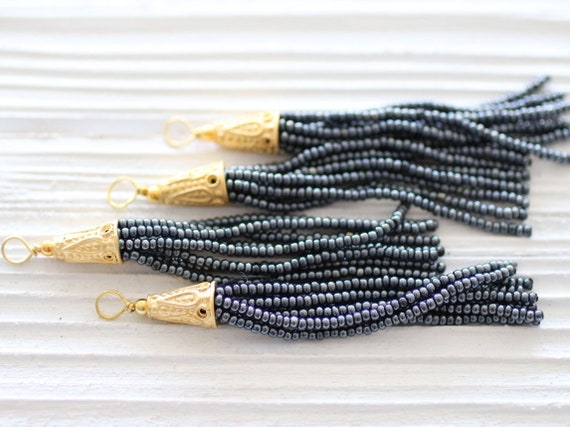 Dark gray beaded tassel, glittery, grey seed bead tassel, gold cap short tassel, jewelry tassels, earrings tassel, necklace tassel, smoke,N8