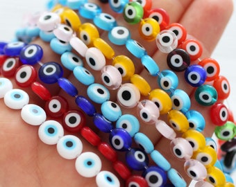 15", 46pc, 8mm evil eye beads bulk, round evil eye beads on strand, flat glass beads, navy, green, yellow, white, red,DIY bracelet beads,EE8