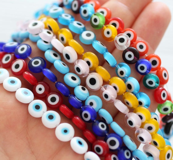 15", 46pc, 8mm evil eye beads bulk, round evil eye beads on strand, flat glass beads, navy, yellow, white, DIY bracelet beads, EE8