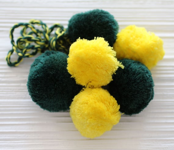 Yellow green pom pom bag charm, curtain tie back, pom pom purse charm, wall hanging decor, pom pom swag, door knob decor, car charm,pom poms