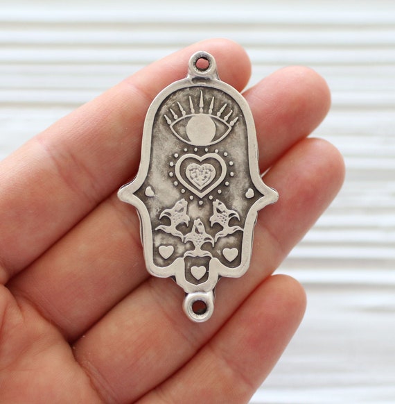 Hamsa pendant silver, Hamsa with heart and fish, silver pendants, Hamsa connector, hammered Hamsa pendant, hand of fatima pendant