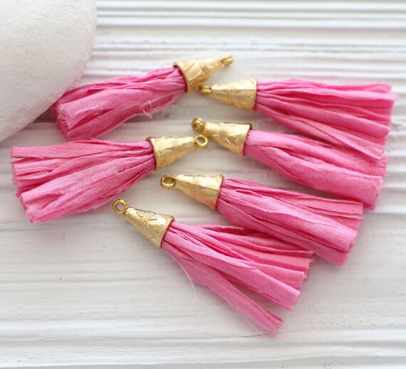 Pink sari silk tassel, short silk tassel, tassel with gold cap, decorative, earrings tassel,  jewelry necklace tassel pendant, hot pink, N49