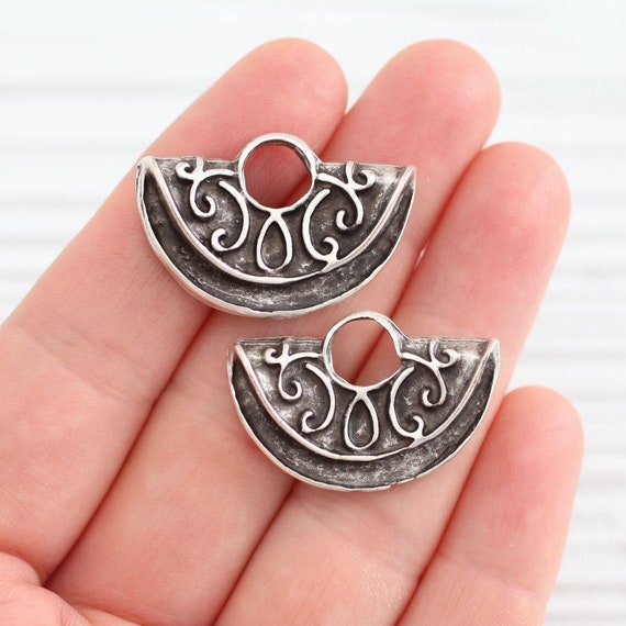 2pc crescent moon charms, tribal pendant, earring charms silver, large metal charms, earrings dangles, large hole pendant, half moon charms