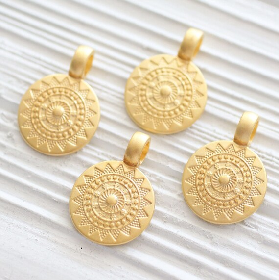 2pc tribal pendant, charm pendant, large hole pendant, gold dangle, round tribal pendant, rustic pendant, earrings charm, gold pendant