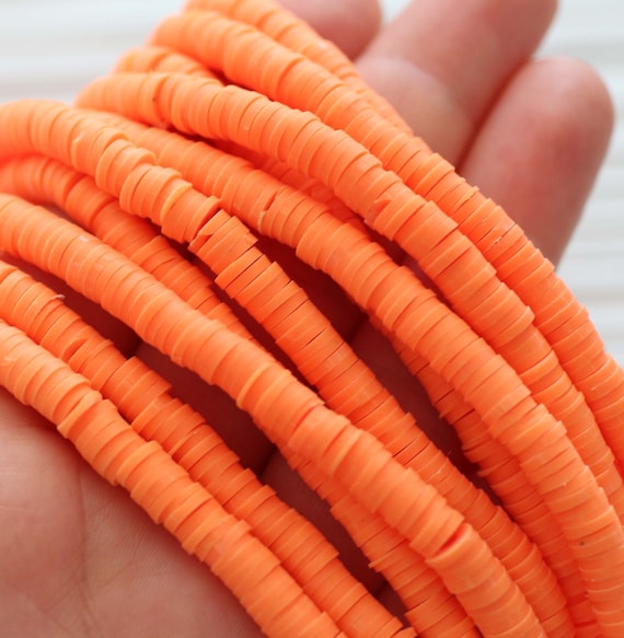 Orange Heishi Beads, 5mm, 16", 2 Polymer Clay Disc Vinly Strands for Jewelry Making