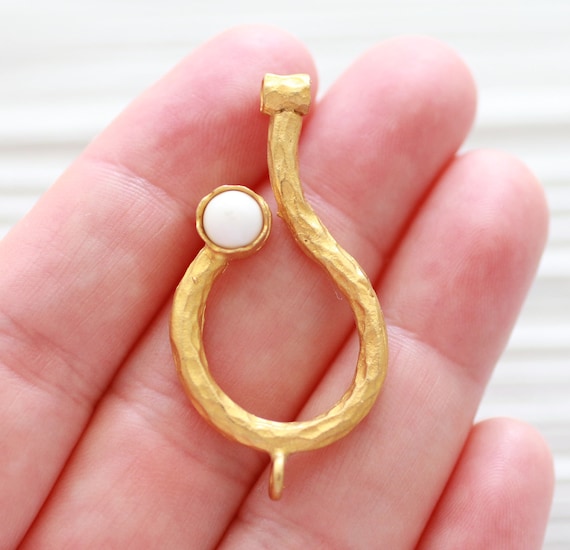 Round pendant with white gemstone, gold, spiral pendant with bail, hammered rustic pendant with large hole, teardrop pendant