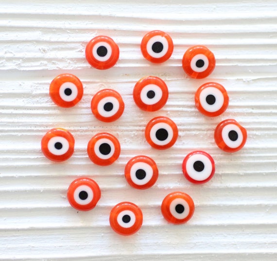 15", 36pc, 10mm evil eye beads, orange evil eye, round glass beads, lamp work beads, round evil eye flat beads, orange bracelet beads, EE10