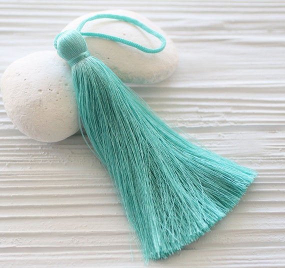 Greenish blue cyan silk tassel, aqua Caribbean blue, mala tassel, extra large tassel pendant, light misty teal,sea blue, purse tassel, N46