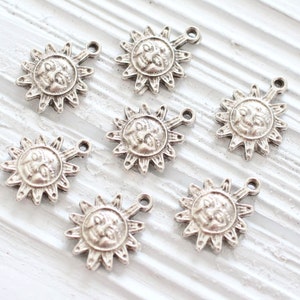 10pc sun charm silver, tribal, large silver charms, metal celestial charm, bracelet charms, earrings dangle, silver star charms, rustic
