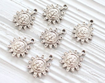 10pc sun charm silver, tribal, large silver charms, metal celestial charm, bracelet charms, earrings dangle, silver star charms, rustic