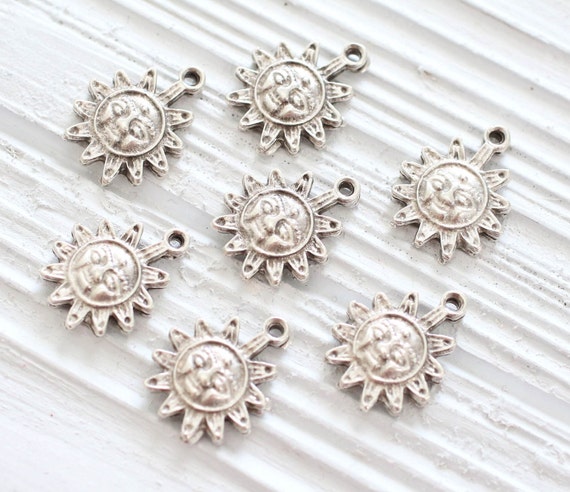 10pc sun charm silver, tribal, large silver charms, metal celestial charm, bracelet charms, earrings dangle, silver star charms, rustic