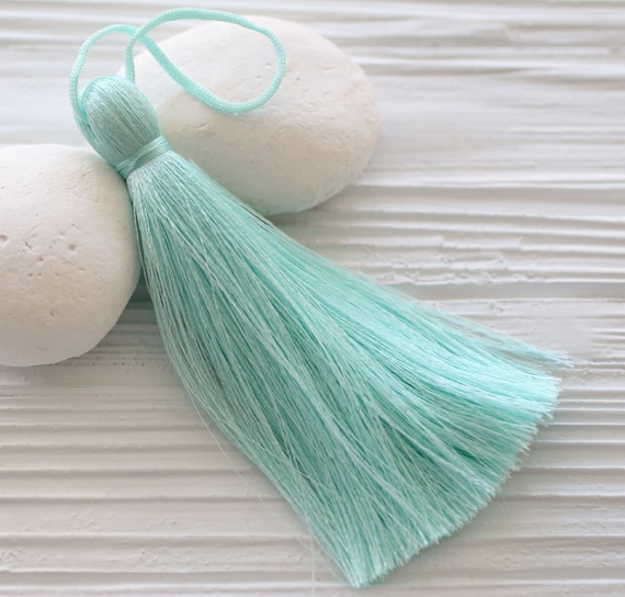 Light greenish blue cyan silk tassel, caribbean sea blue, mala tassel, silk tassels, soft teal, extra large tassels, purse tassel, decor,N45