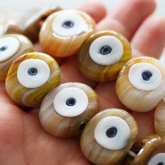 4pc Multicolor Brown Evil Eye Beads Flat Glass Beads Lamp Work