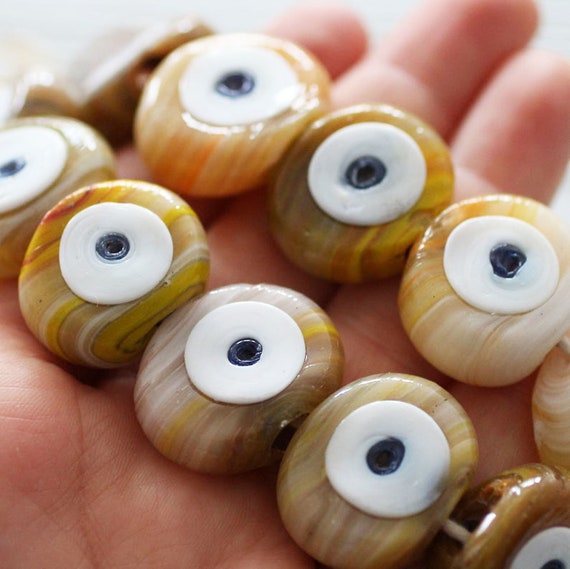 4pc multicolor brown evil eye beads, flat glass beads, lamp work beads, latte large evil eye, beige, organic shaped glass beads, DIY