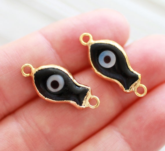 2pc black evil eye connector, fish charm, glass, animal beads, earrings charms, gold, necklace dangle, bracelet connector