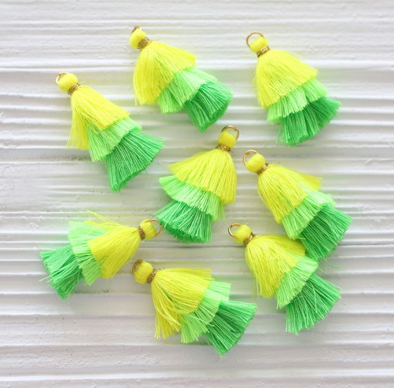 2pc layered tassels, yellow green multi layer tassels, earrings tassels, mala necklace tassels, keychain tassel, tassel charm, dangle tassel