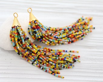 Multicolor beaded tassel, long bead tassel, gold cap tassel, multi color beads tassel, decorative tassels,beaded earring necklace tassel,N16