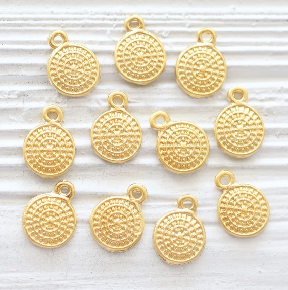 10pc tribal charms gold, round charms for bracelet, earring charms, spiral  charms, dangle charms, mini gold charm pendant, disc beads