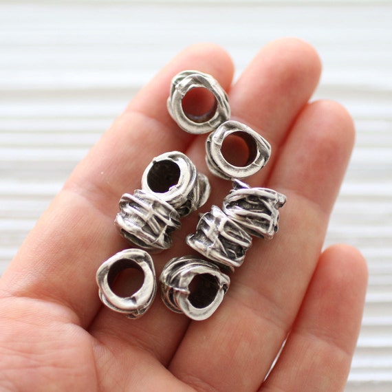 5pc antique silver large rondelle beads, large hole beads, large metal beads, bead spacers, tube, tribal, rondelle, rustic, barrel beads