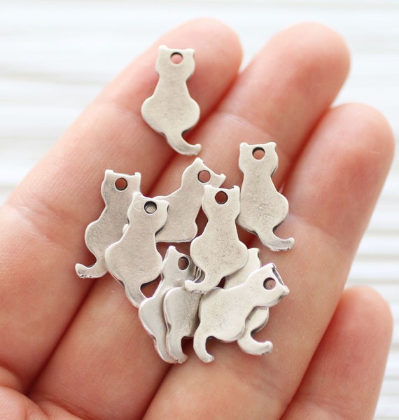 10pc cat charms silver, animal charms, keychain charm, cat lover pendant dangle, kitten charms, cat collar charm, bracelet, earrings charms