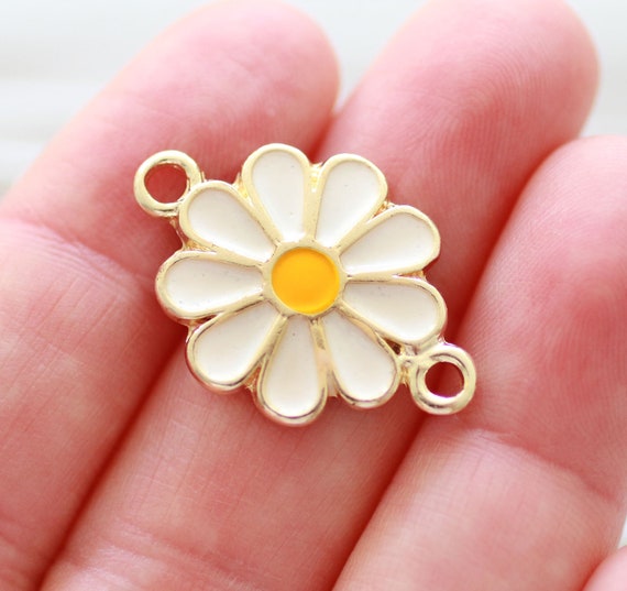 Flower connector, daisy charms, enamel findings, earrings, necklace, bracelet connector, white, yellow
