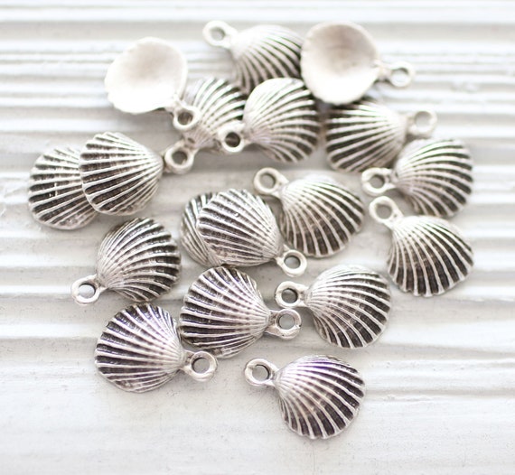 10pc shell charms silver, seashell earring charms, silver seashells, sea charms, mini sea pendant, seashell pendant charm silver, shell, L