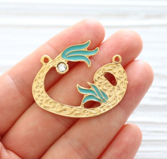 Turquoise enamel flower pendant connector, crescent moon, crescent pendant, large gold connector, flower tulip pendant, crescent connector