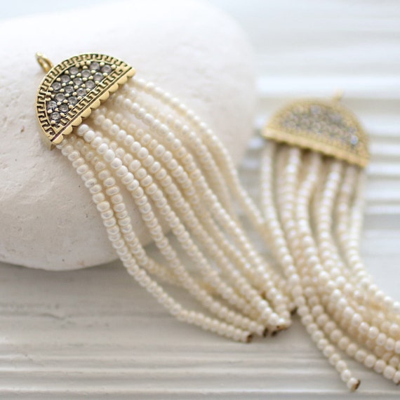 Ivory bead tassel, rhinestone antique tassel cap, pearl seed beaded tassel, earrings tassel, necklace tassel pendant, glitter, off white