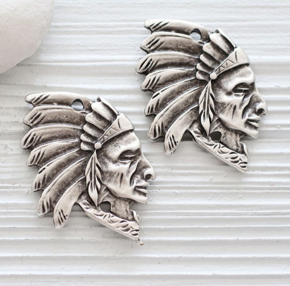 Indian chief pendant, chief head pendant with headdress, native American face jewelry pendant connector, silver focal findings