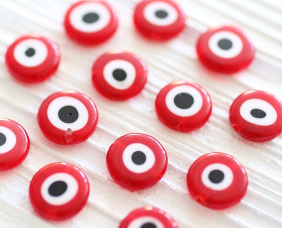 15", 30pc, 12mm red evil eye, glass beads, evil eye beads, round beads, lamp work, flat beads, DIY beads, good luck beads,red beads, EE12