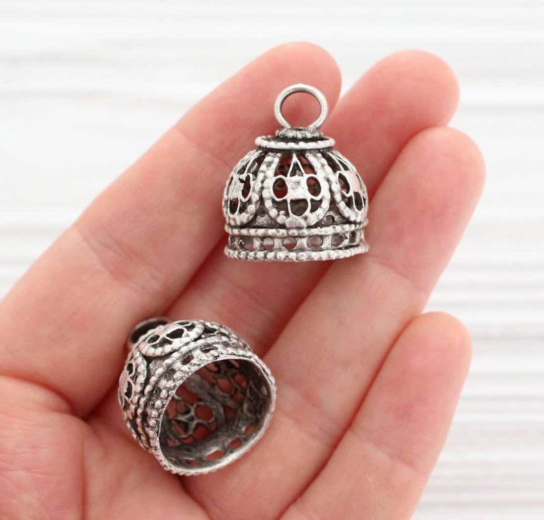 2pc Large Filigree Silver Tassel Cap, Silver Bead Caps, Bead Cones, End
