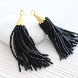 Black beaded tassel, short tassel, tassel earrings, tassels for jewelry, bead tassel, gold cap tassel, necklace tassel, decorative tassels