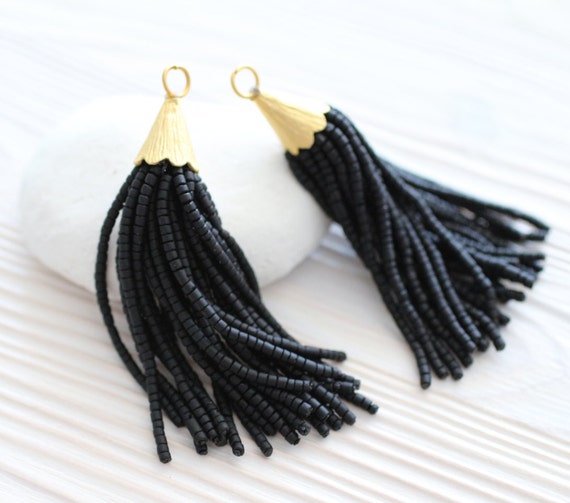 Black beaded tassel, short tassel, tassel earrings, tassels for jewelry, bead tassel, gold cap tassel, necklace tassel, decorative tassels