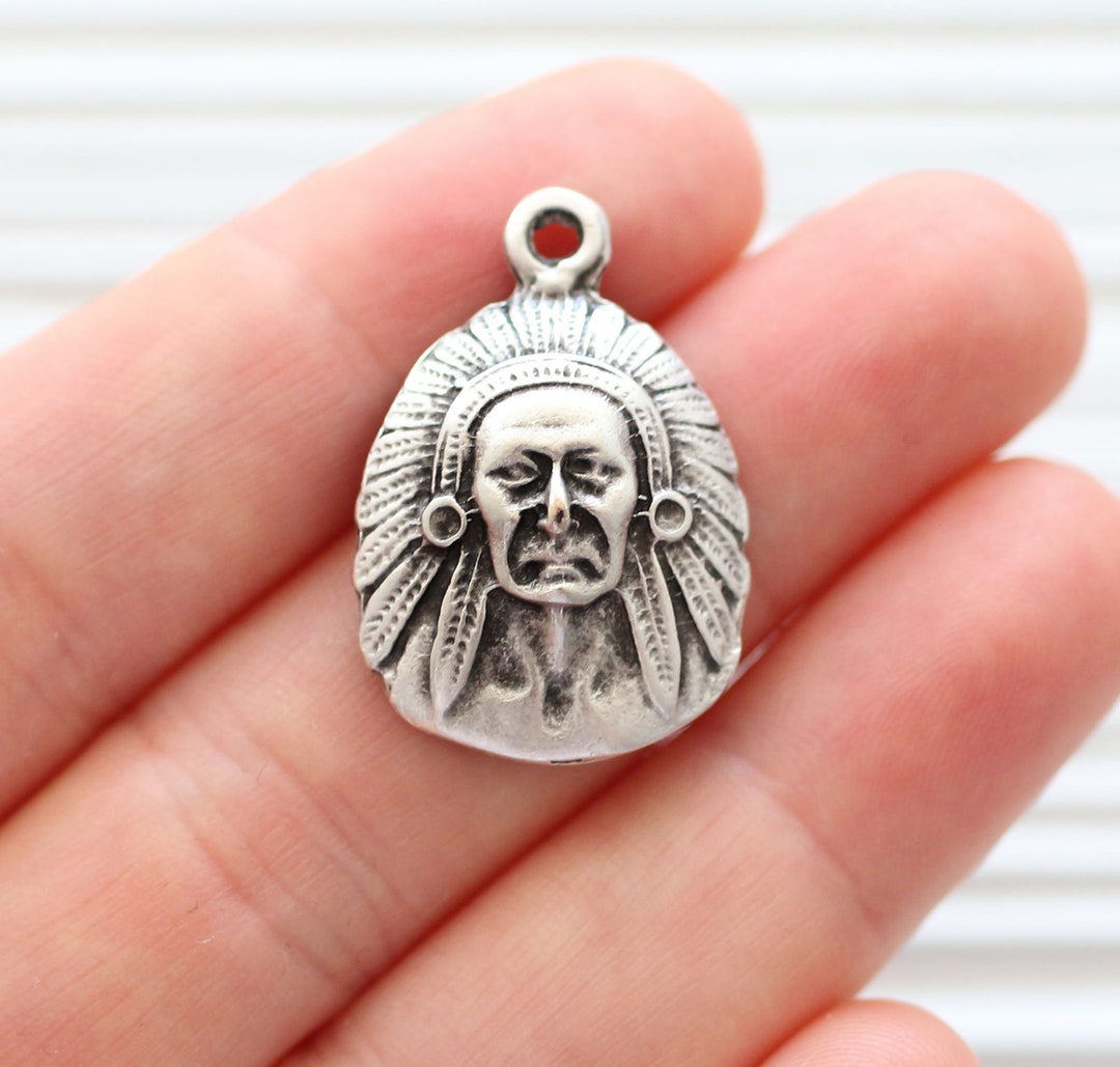 Chief Head Pendant With Headdress, Indian Chief Pendant Silver, Native ...