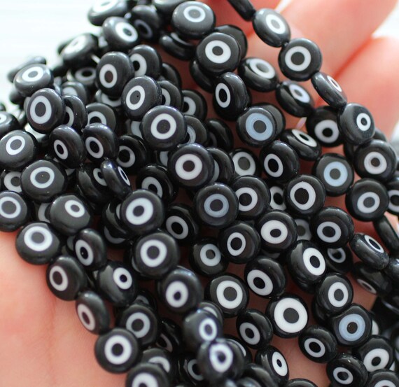 15", 46pc, 8mm black evil eye beads, lucky evil eye, DIY bracelet beads, round evil eye beads, flat evil eye glass beads, necklace beads,EE8