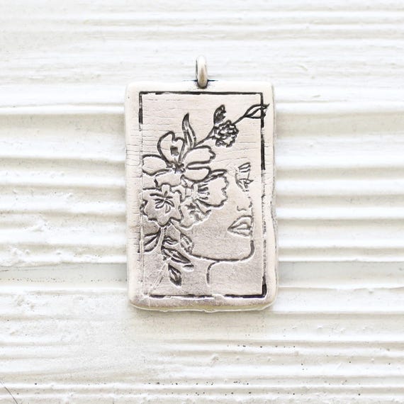 Woman with Flowers Sketch Pendant, Hammered Silver Rectangle Pendant, Geometric Dangle