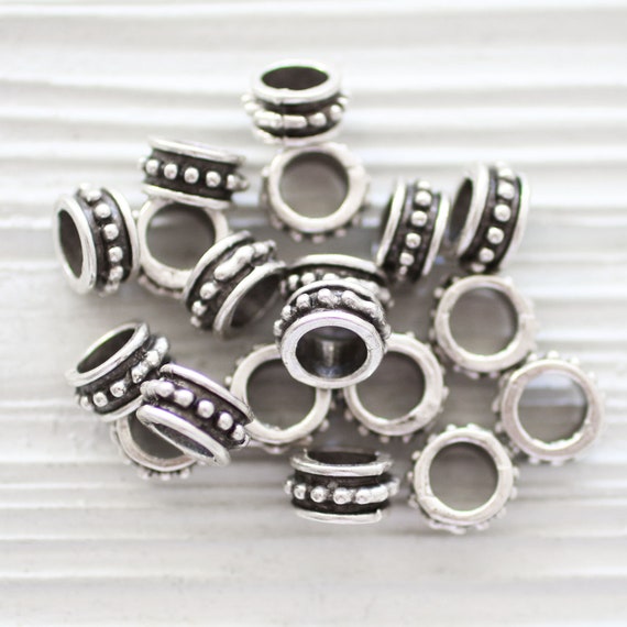 10pc rondelle beads silver, large round circle beads, rondelle spacers, slider beads, rustic beads, large hole beads, bead spacers silver, L