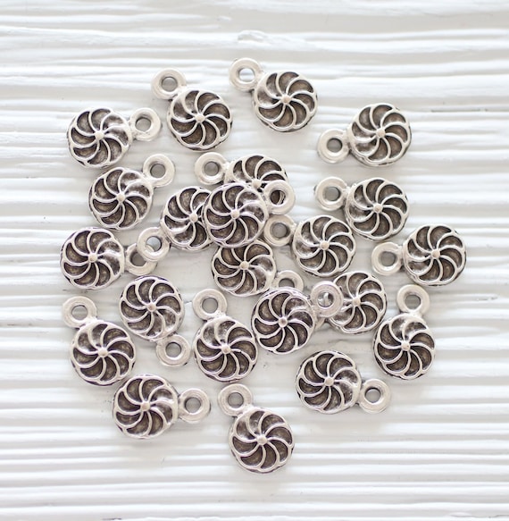 10pc silver charms, round charms for bracelet, earring dangles, spiral charms, dangle charms, mini silver charm pendant, disc beads
