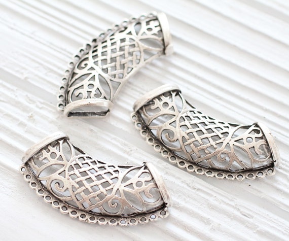 Silver bail pendant, bead spacer, filigree pendant, tribal tube connector, filigree crescent spacer, multistrand connector for leather