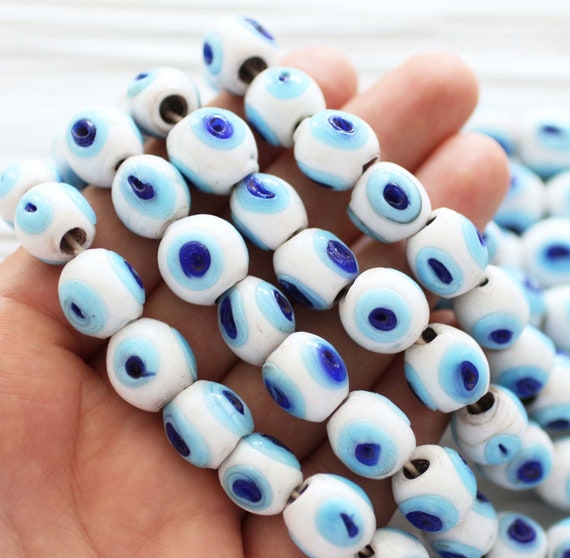 10pc white evil eye beads, rustic glass beads, large rondelle evil eye beads, necklace bracelet organic shaped evil eye beads, barrel beads