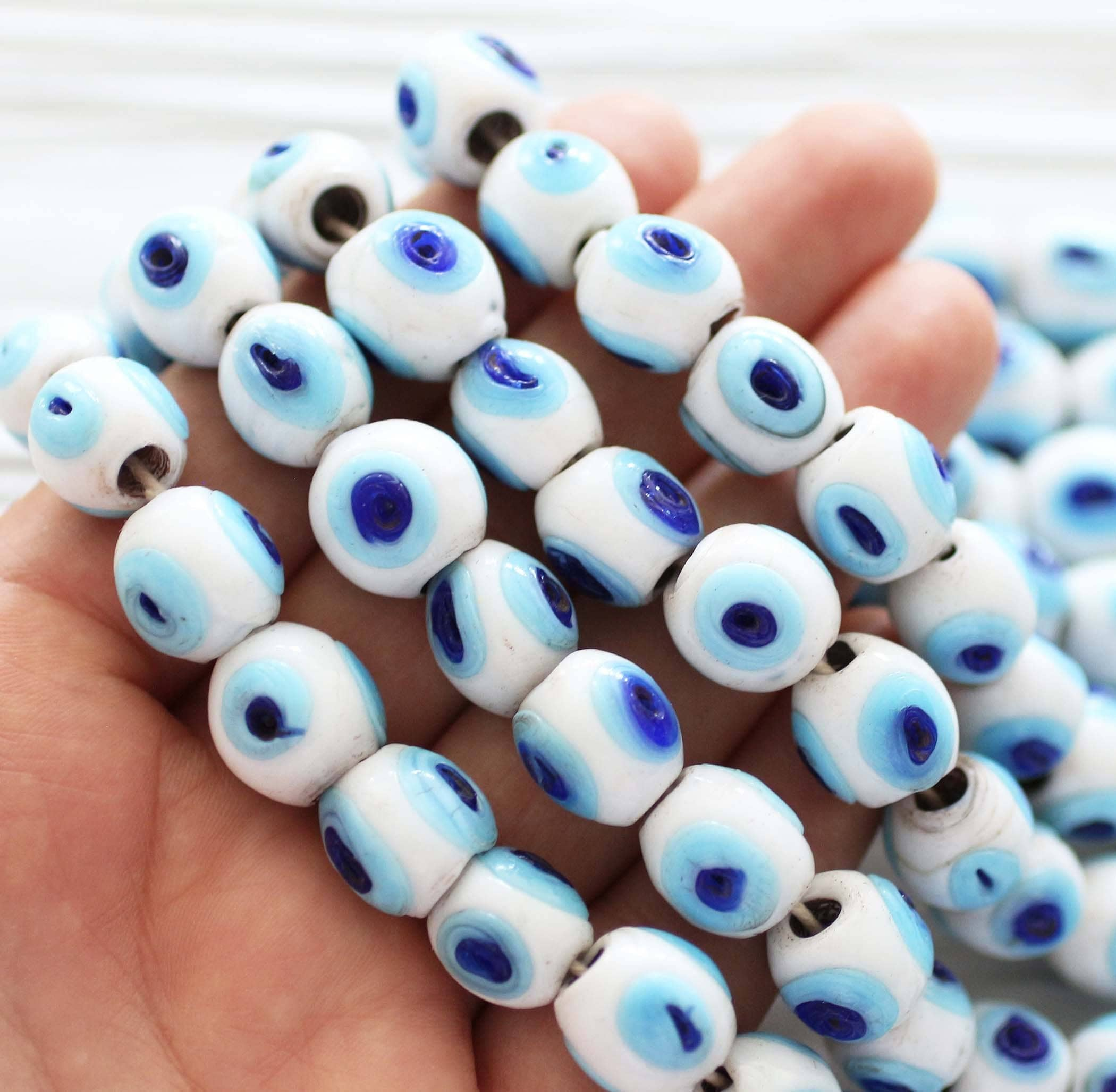 10 White Glass Evil Eye Beads, Chunky Rondelle Artisan Handmade Lucky –  LylaSupplies