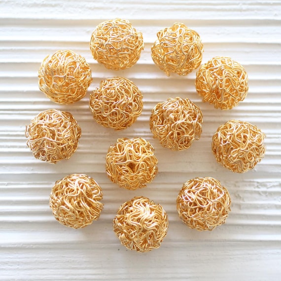 Large gold wire wrapped bead, wire wrap, tribal beads, large round wire wrapped ball beads, rustic beads, wire wrapped findings