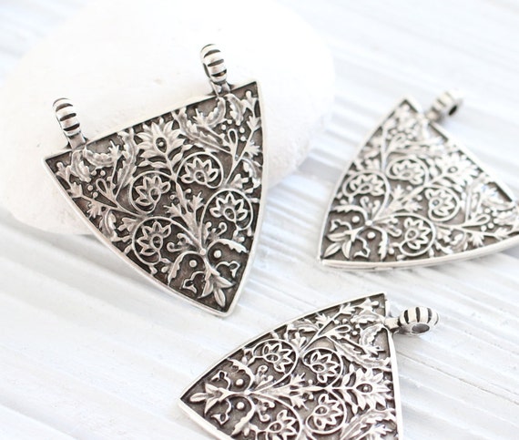Tribal triangle pendant, silver hammered pendant, geometric pendant, rustic pendant, boho pendant, large pendants, flower pendant connector