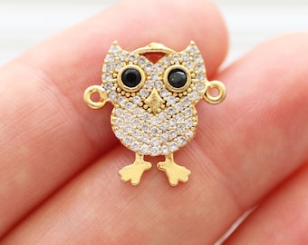 Owl charm connector, pave pendant gold, pave connector, owl cz pendant, necklace bracelet connector, rhinestone animal findings,pave jewelry