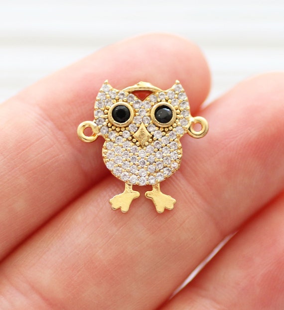 Owl charm connector, pave pendant gold, pave connector, owl cz pendant, necklace bracelet connector, rhinestone animal findings,pave jewelry