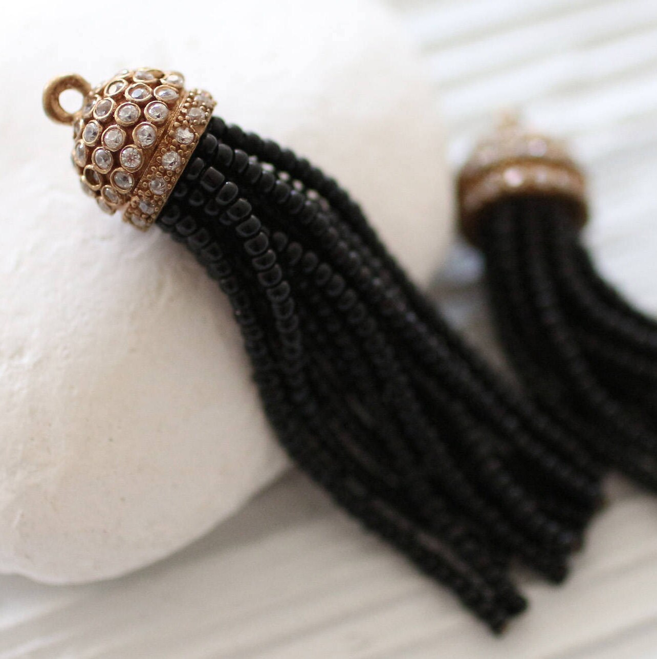 Black beaded tassel with rhinestone antique tassel cap black Etsy