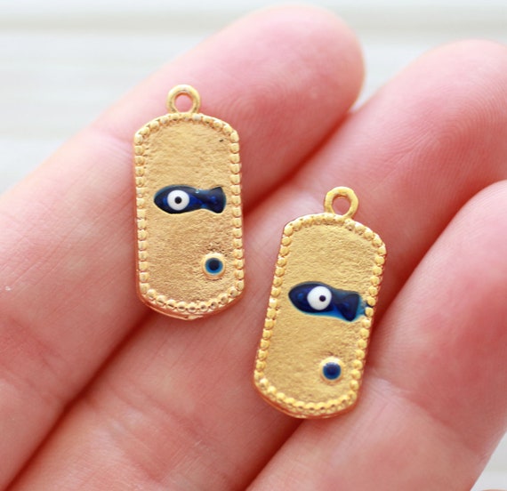 2pc, earrings charms with evil eye fish, gold bracelet charms, Summer necklace charms with fish, small dainty animal pendant for cords