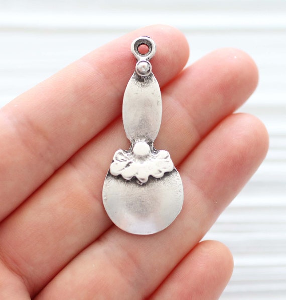Silver stick pendant, flower dagger pendant, boho long pendant, rustic pendant, earrings pendant charm, silver large hole pendant